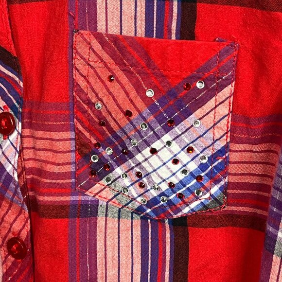 Justice Girls 14 Plaid Button Down Shirt Red Blue Long Sleeve Tie Waist Fall - Picture 9 of 9